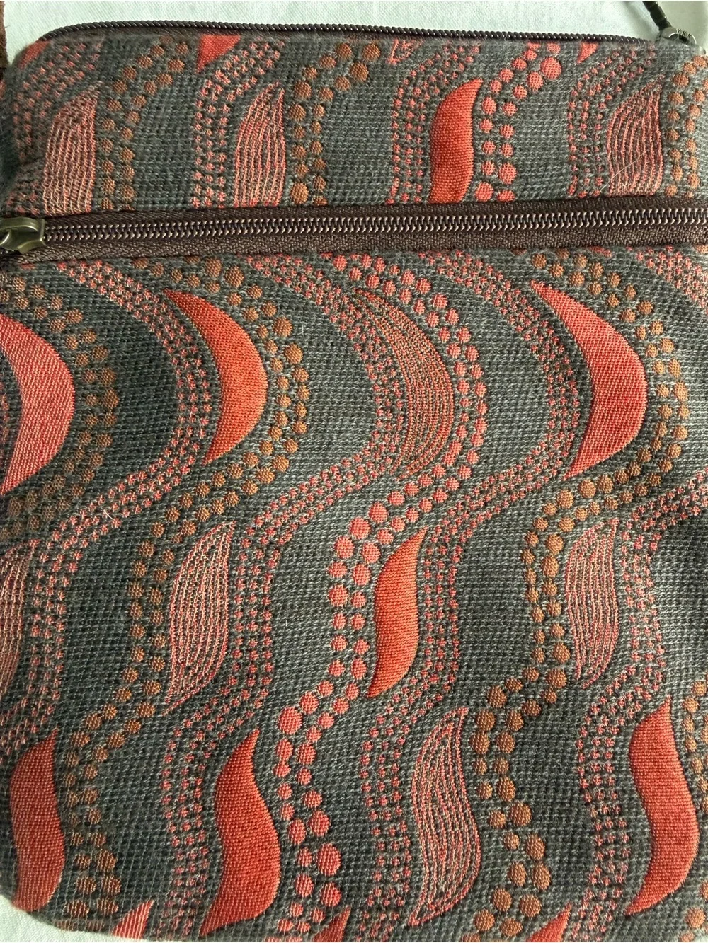 Maruca Sparrow Crossbody Bag Purse Made In Boulder, CO Red Black Swirl Pockets